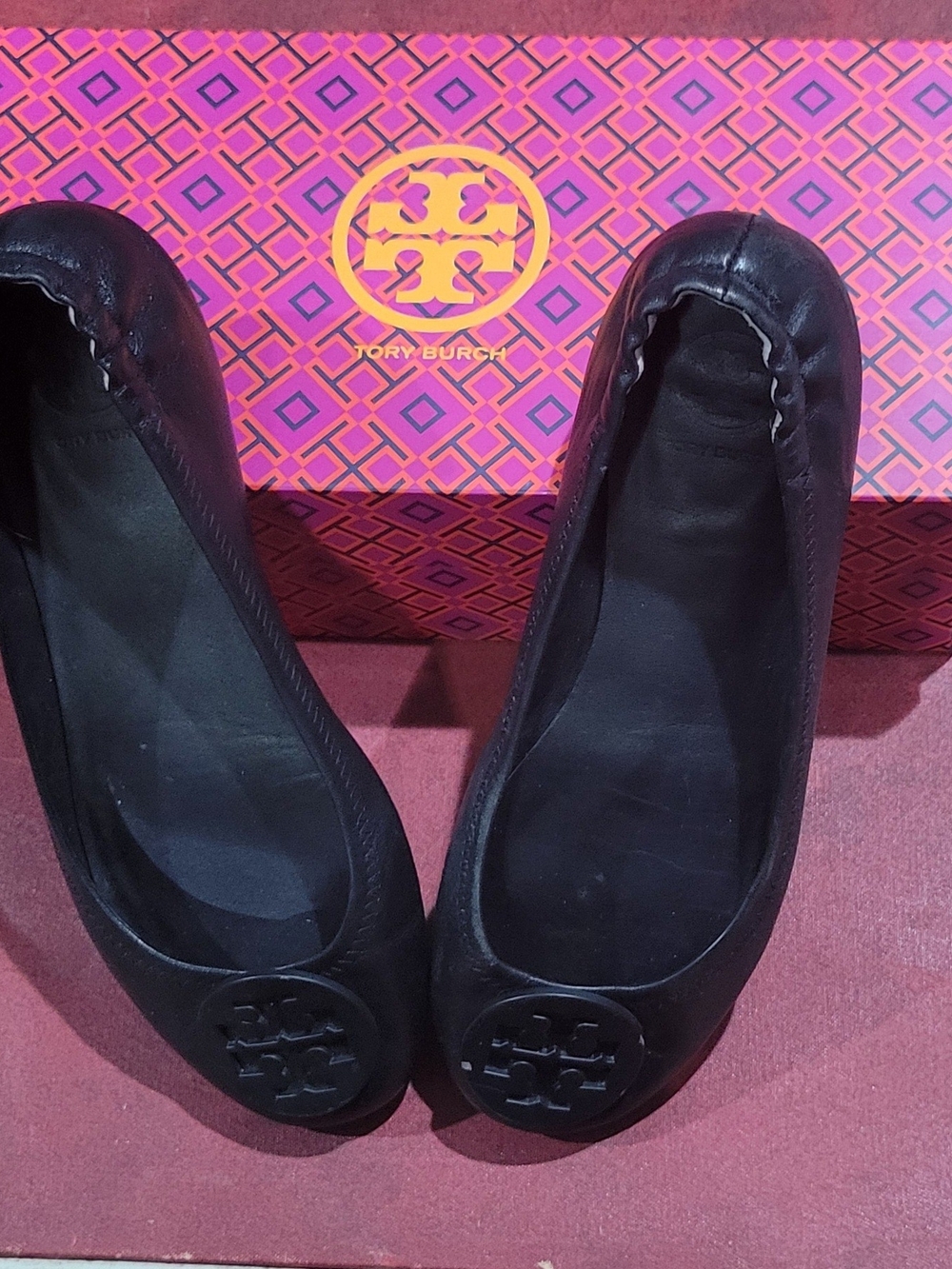 Tory Burch Black Reva Ballet Flats - Classic Logo Round Toe